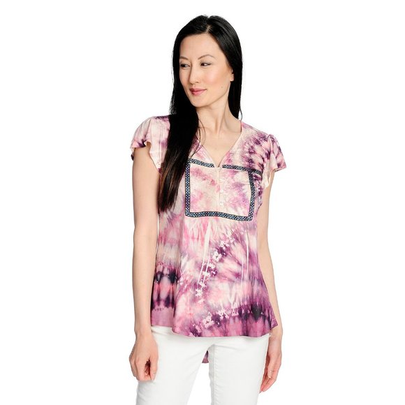 NWOT - One World Printed Knit Flutter Sleeve Trimmed Button-up Henley Coral, M - Picture 1 of 2
